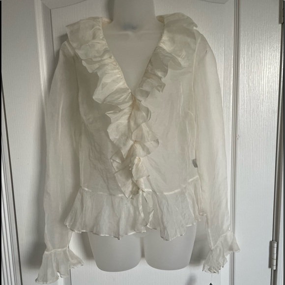 Ralph Lauren Tops - NWT Vintage Lauren Ralph Lauren Blouse Ruffle Front Sleeve Sheer Silk Ivory 12